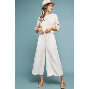 Anthropologie Oceanside Wide Leg Cropped Pants White Linen Blend Sz M Casual
